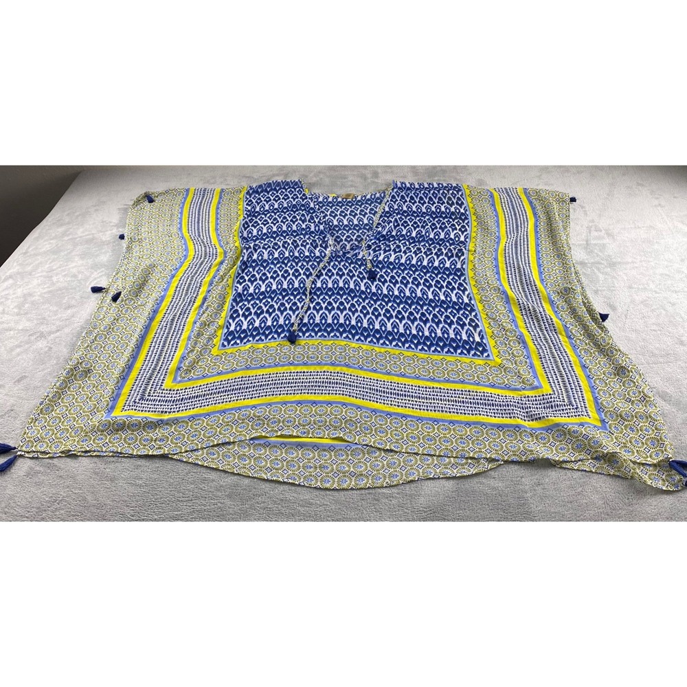 Bleu Rod Beattie Blue Yellow Geometric Tassel Kaftan Swim Cover Up OS